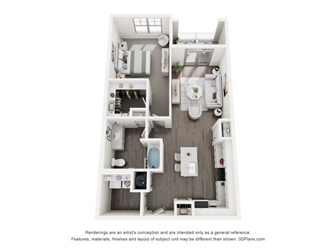 Floor plan for 1 bed, 1 bath, 869 sqft